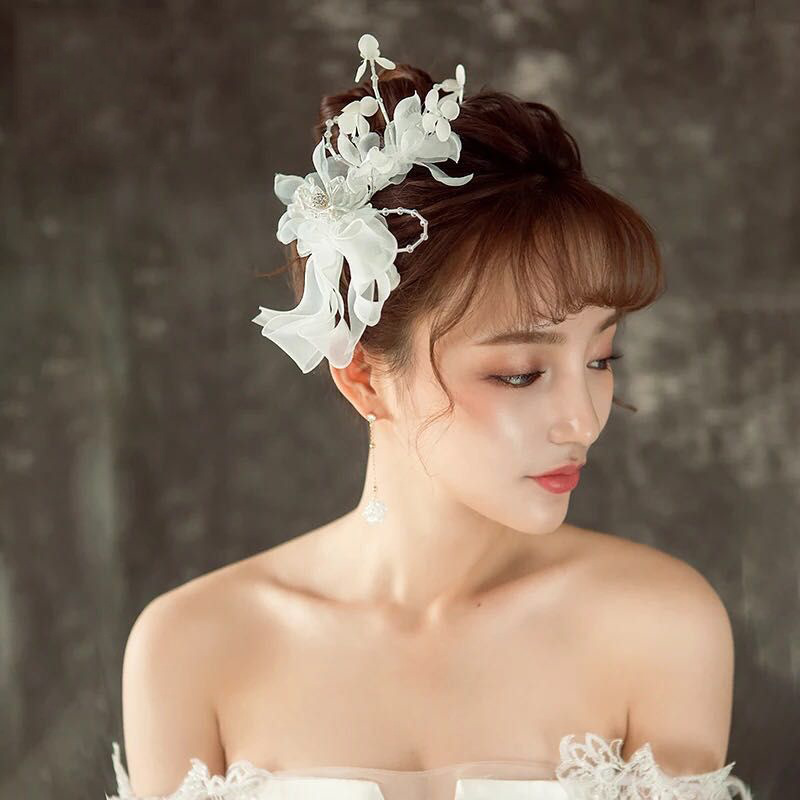 韩国儿童发夹 新娘手工水晶管珠花朵拉边纱婚纱礼服头饰发夹现货
