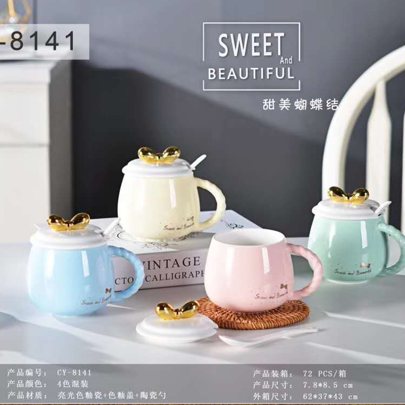 唯格陶瓷杯蝴蝶结可爱公主陶瓷杯子少女潮流带盖勺（72个/箱）