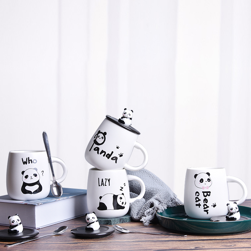 唯格陶瓷杯卡通创意熊猫带盖勺杯子儿童家用水杯早餐杯（60个装）