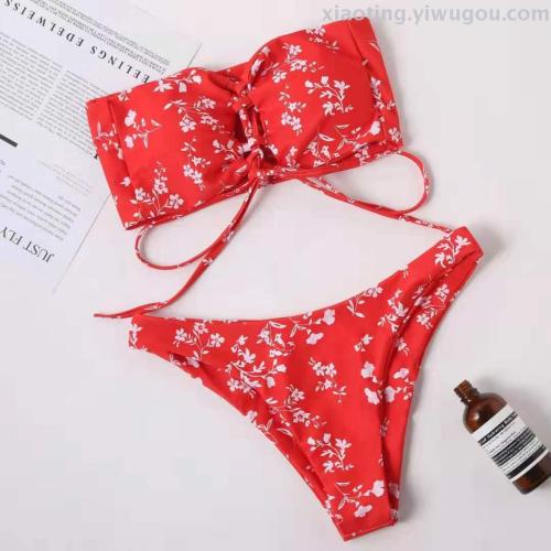 Bikini Foreign Trade New Printed Lace-up Tube Top Duplex Printing Women‘s Seperated Swimwear Nylon Quality Factory Straight