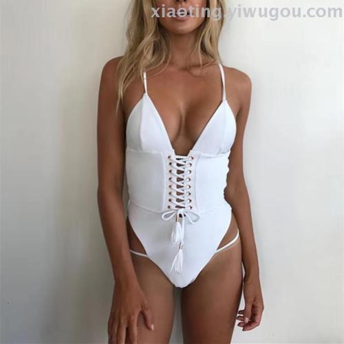 Bikini Foreign Trade New Sexy Tether Slimming One-Piece Women‘s Solid Color Swimsuit Nylon Quality Factory Direct Sales
