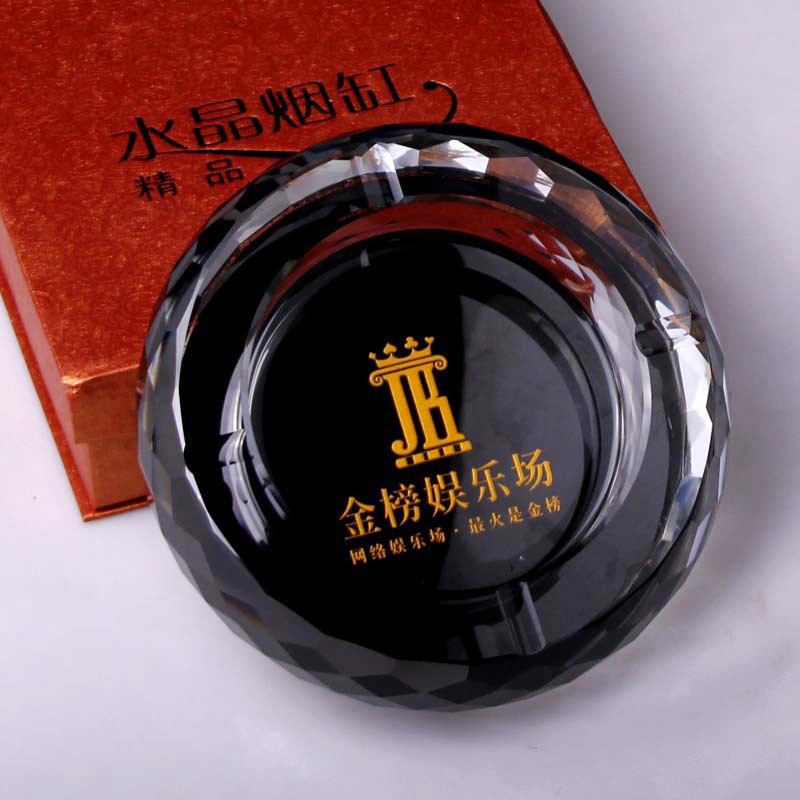 黑银款聚宝盘水晶烟灰缸定制 k9料 金色logo黑金菠萝面广告烟缸