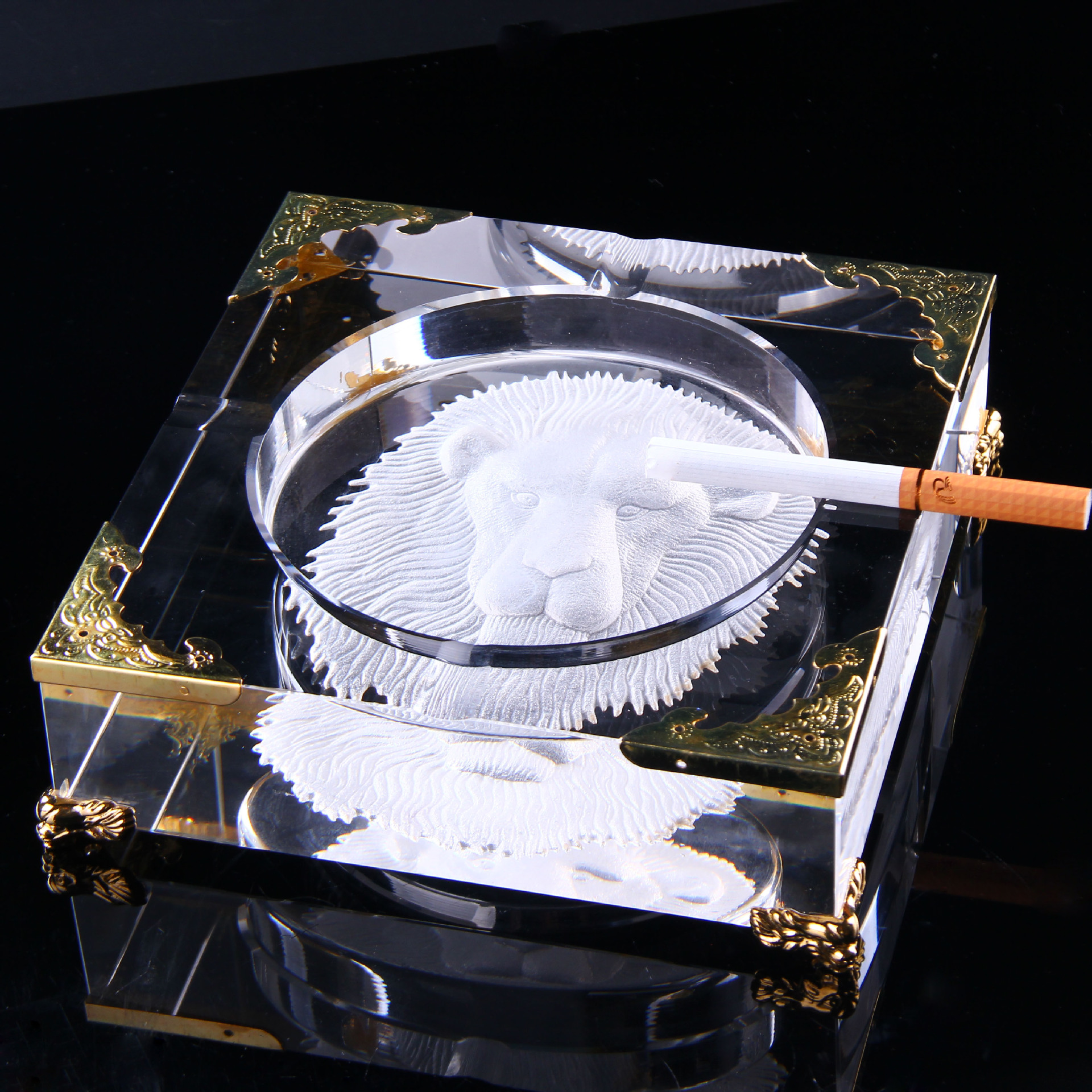 水晶烟灰缸创意定制镶金边龙角企业广告礼品高档欧式水晶烟盅定制