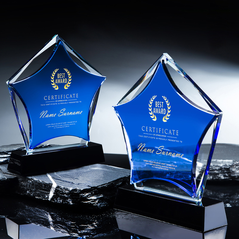 蓝色五角星水晶奖杯奖牌定制 创意刻logo 厂家批发颁奖纪念礼品