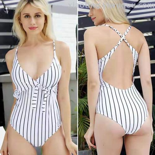 Spot European and American Bikini One-Piece Swimsuit Black and White Vertical Stripes High-End Special Fabric Small Wholesale Can Be One Piece Dropshipping