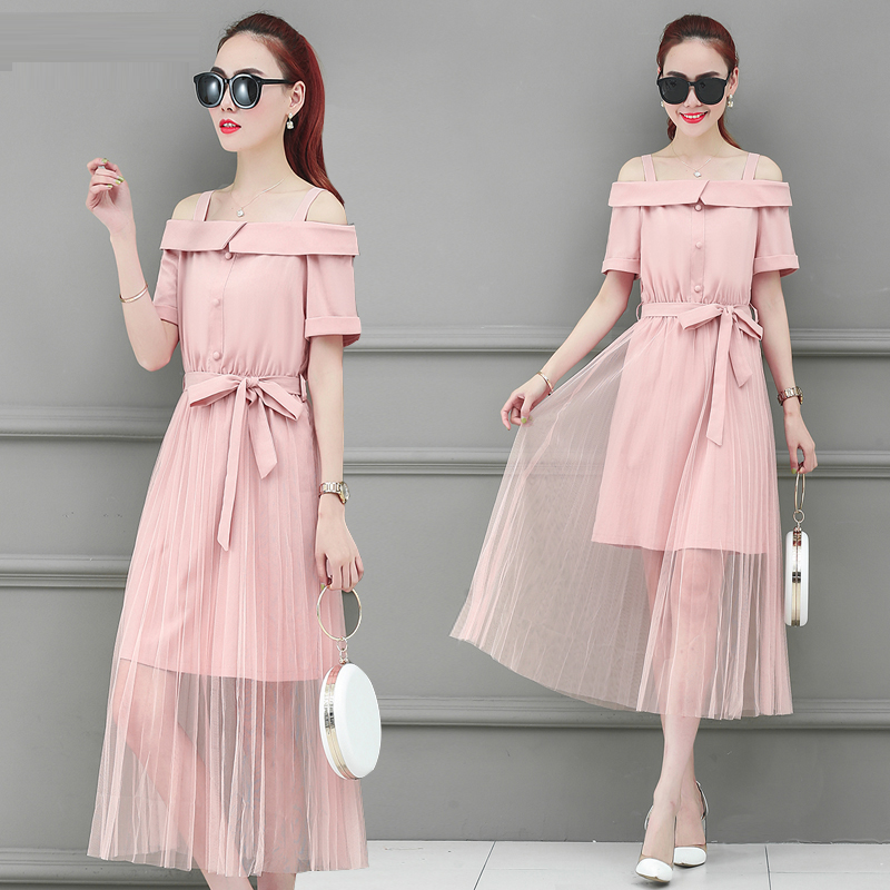 女装新款流行夏天女士裙子高腰拼接网纱裙显瘦一字肩连衣裙