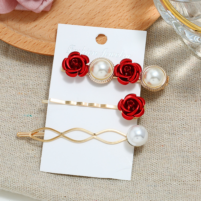 韩版新款发夹 网红珍珠边夹ins花朵几何一字夹套装组合发饰女