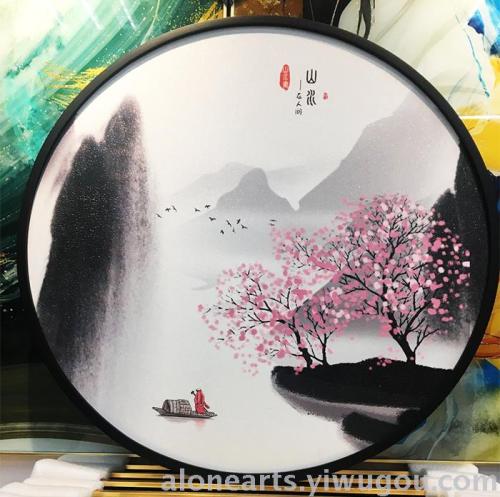 European Gallery Hotel Home Solid Wood round Painting Oil Painting New Chinese Style Jiangnan Scenery