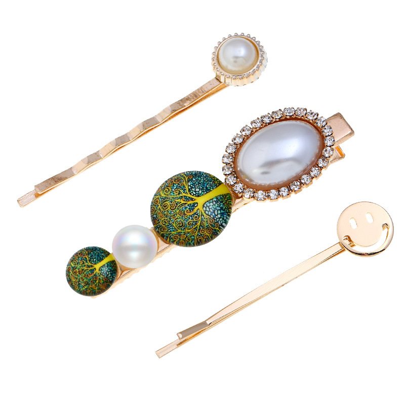 亚马逊新款简约大气欧美风饰品珍珠笑脸生命树发夹一字夹刘海边夹