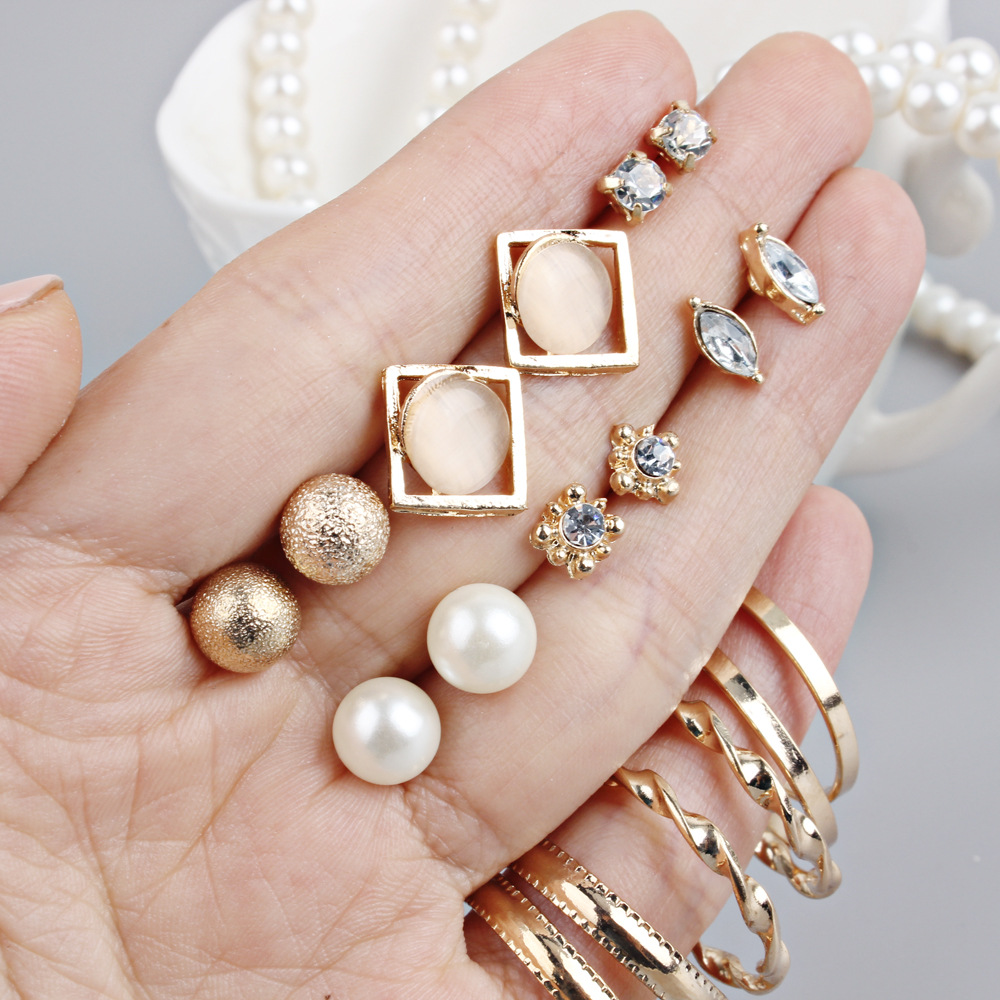 wish外新款韩版耳饰夸张珍珠磨砂大圈个性耳钉套装 9对套装耳环