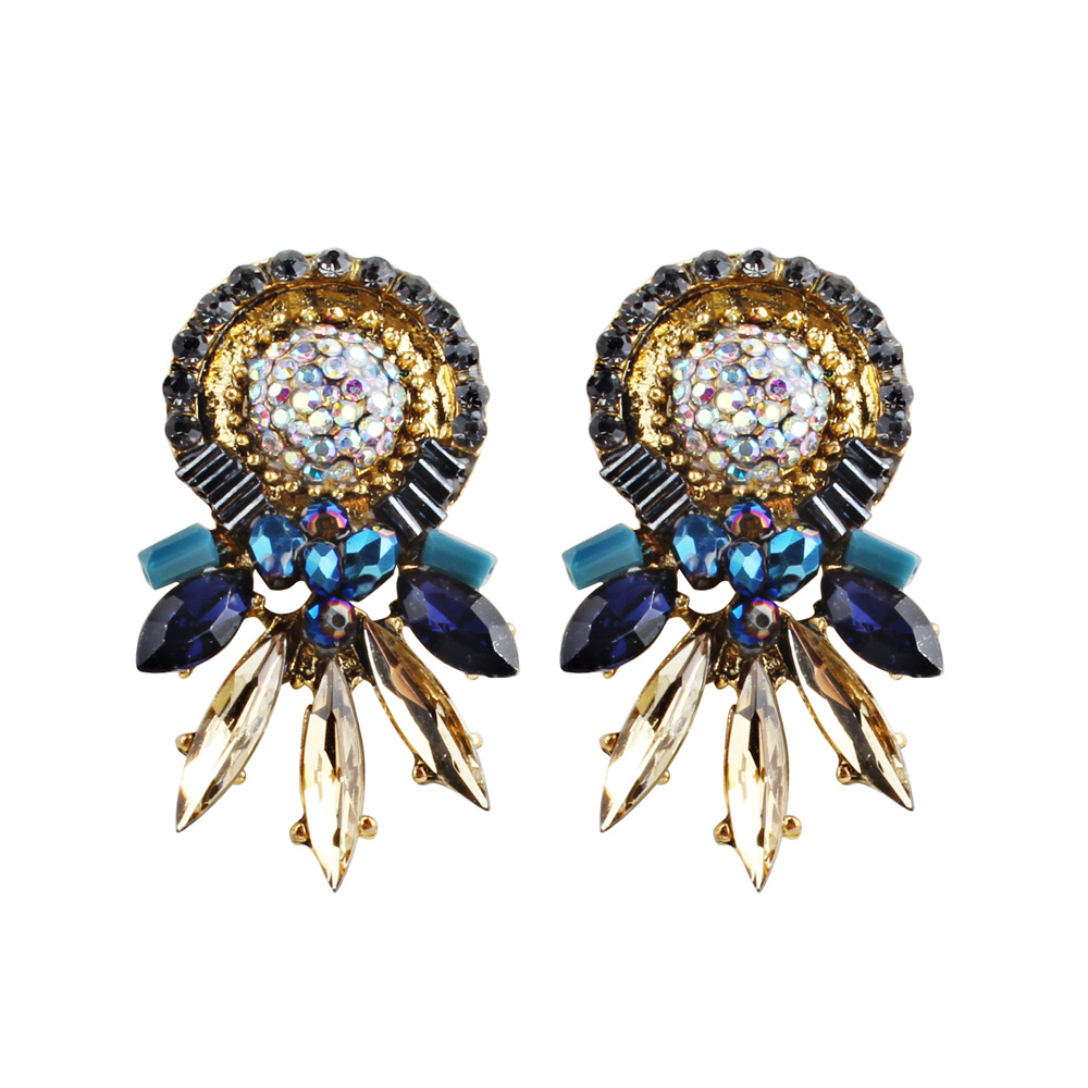 跨境专供 热卖爆款耳环 欧美饰品复古民族风满钻彩色树叶耳钉耳饰