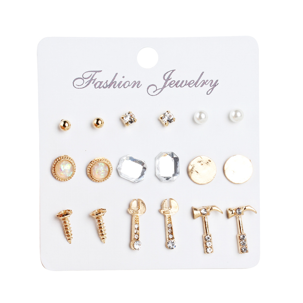 wish外新款韩版耳饰夸张铆钉扳手铁锤个性耳钉套装 9对套装耳环