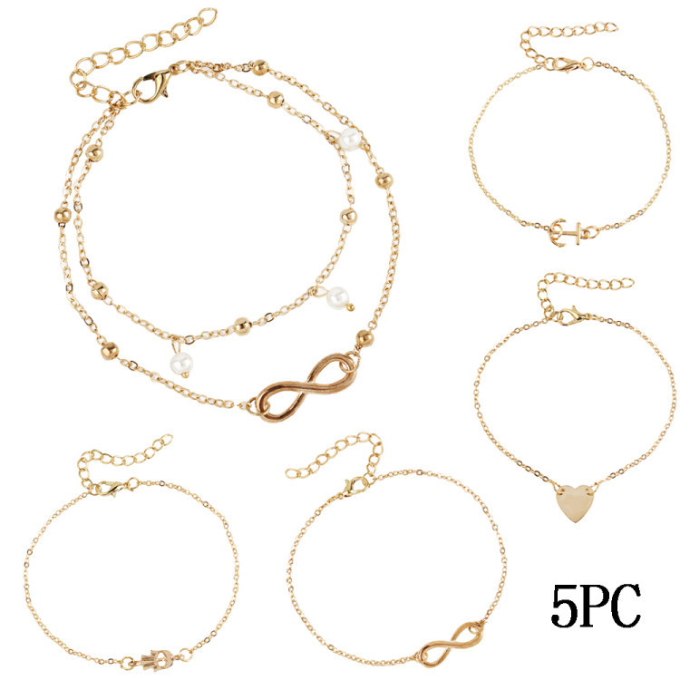 跨境专供欧美时尚5件套8字爱心珍珠合金脚链脚链手链多组套装饰品