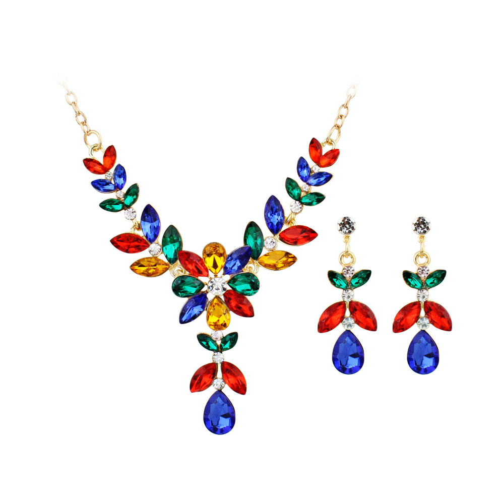 欧美复古奢华彩色镶宝石花朵百搭项链套装锁骨链耳钉两件套防过敏