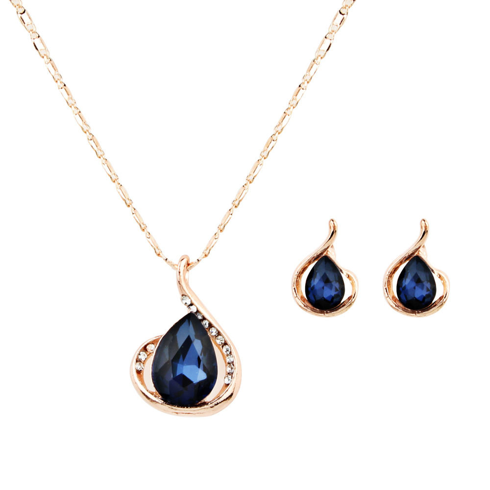 欧美跨境新款 皇冠蓝色水晶项链套装 项链耳钉耳环套装首饰品.