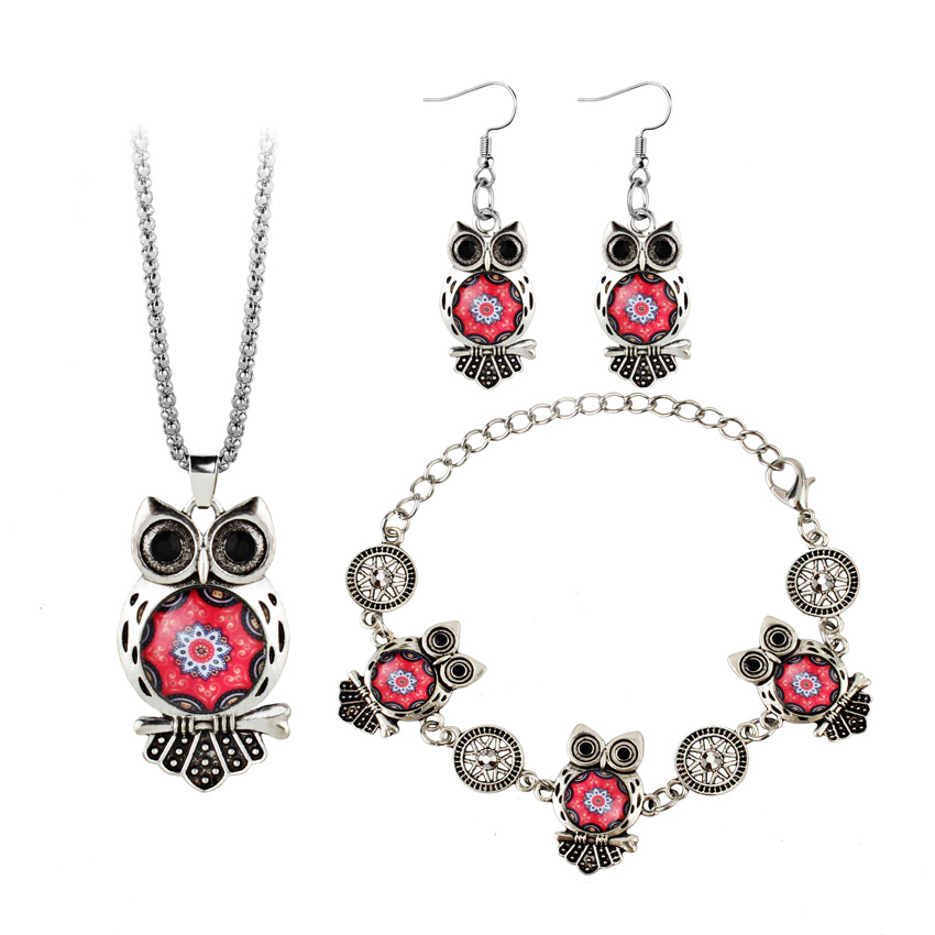 跨境爆款 欧美时尚三件套手链耳环项链时光宝石猫头鹰饰品套装