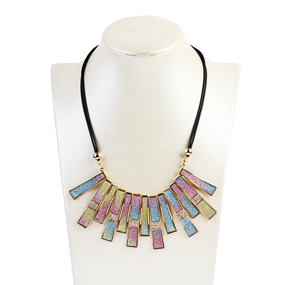 欧美时尚方块条形短款女式项链磨砂镶钻流苏锁骨链外贸饰品批发