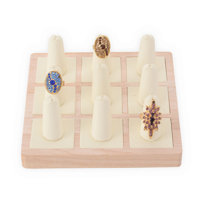新款木制小型戒指饰品展示架 实木米白PU9位首饰戒指收纳托盘