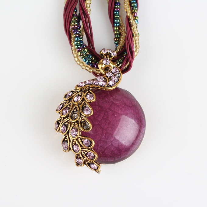 厂家直销波西米亚民族风复古宝石镶嵌孔雀吊坠项链外贸欧美项饰品