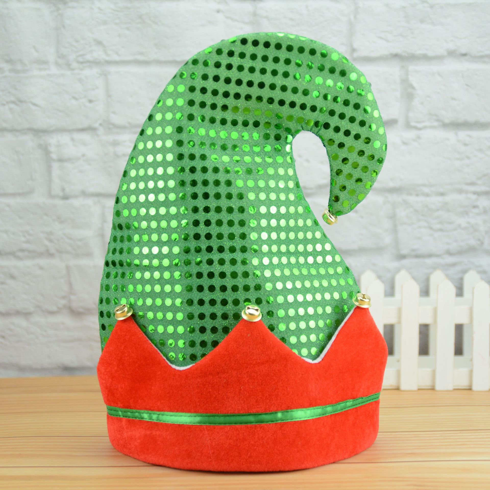 圣诞精灵 亮片红绿精灵小丑弯帽 圣诞精灵帽 万圣节小丑派对用品