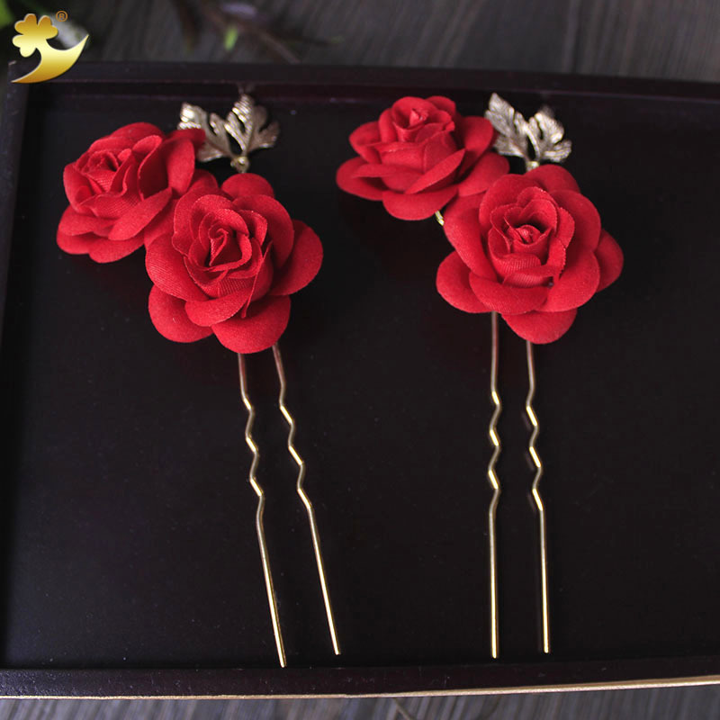 新娘中式头饰复古枣红色绒布玫瑰发簪发叉婚礼发饰敬酒礼服配饰品