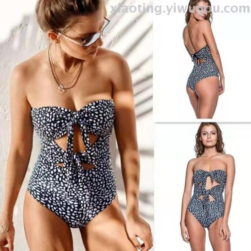Bikini Foreign Trade new Polka Dot Print Tube Top Sexy Knotted One-Piece Swimsuit Women‘s Nylon Quality Factory Direct Sales 