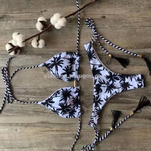 Bikini Foreign Trade Sexy Coconut Style Printing Triangle Bag Women‘s Seperated Swimwear Nylon Quality Factory Direct Sales