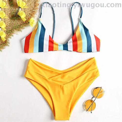 bikini foreign trade new sexy push up sling color stripe women‘s split swimsuit nylon quality factory direct sales