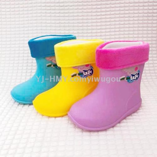 hemu rain cartoon children‘s rain boots pvc environmental protection non-slip thermal cotton-padded covering removable baby rain boots factory direct sales