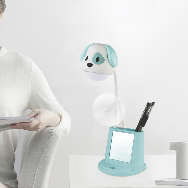 触摸台灯风扇带手机支架化妆灯 可爱小狗桌面多功能笔筒充电台灯