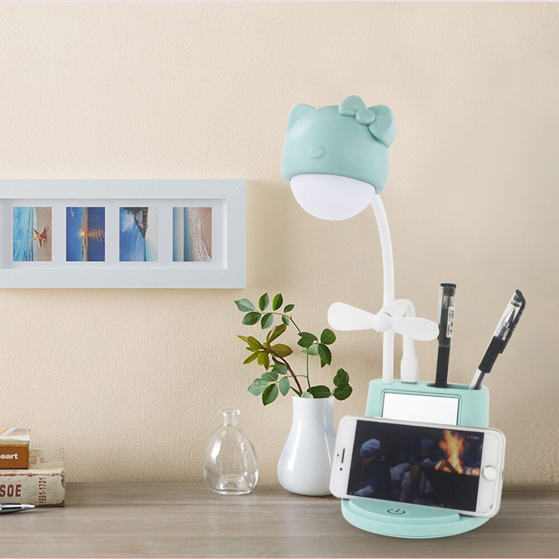 美妆镜小夜灯 学生桌面笔筒风扇台灯创意KT猫台灯风扇带手机支架
