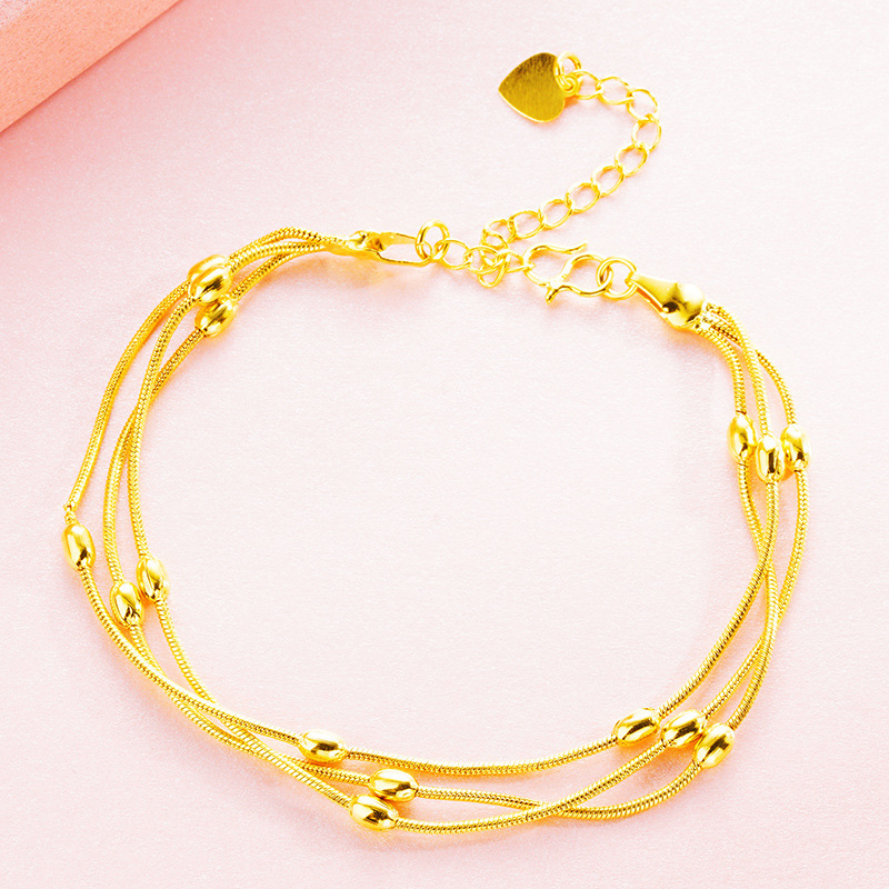 越南金锁骨链夹珠手链沙金饰品 久不褪色 黄铜镀真金蛇骨夹珠手链