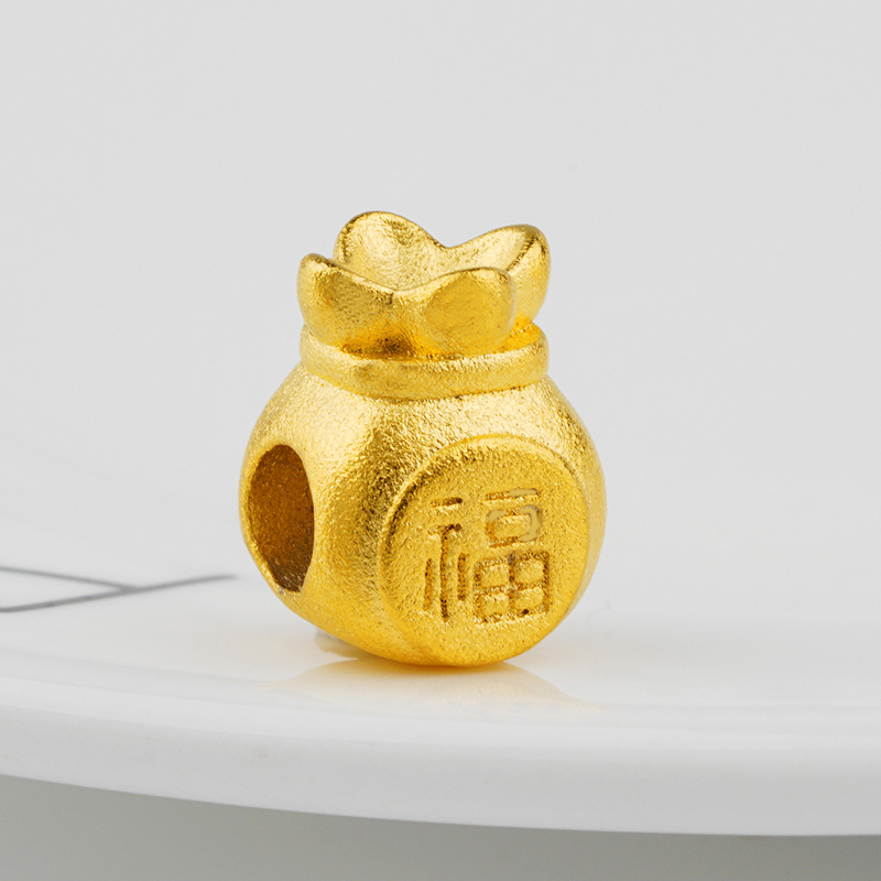沙金纯铜镀24k真金横穿招财福袋配件批发 黄金店3硬金同款diy散珠