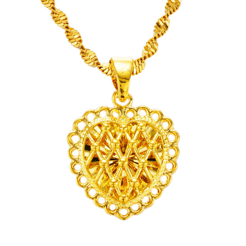 越南沙金镂空桃心吊坠女电镀24k真金心形女款项饰婚庆民族风首饰