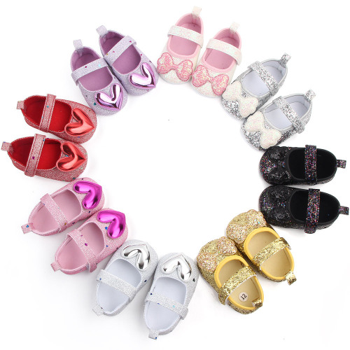 Fashionable Sequins Princess Shoes Love Heart Bow Tie Baby Girl Shoes 0-1 Years Old Soft Bottom Toddler Shoes Velcro