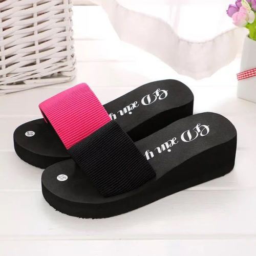 women‘s summer one-word slippers thick bottom high heel slippers non-slip striped surface strap beach shoes factory wholesale