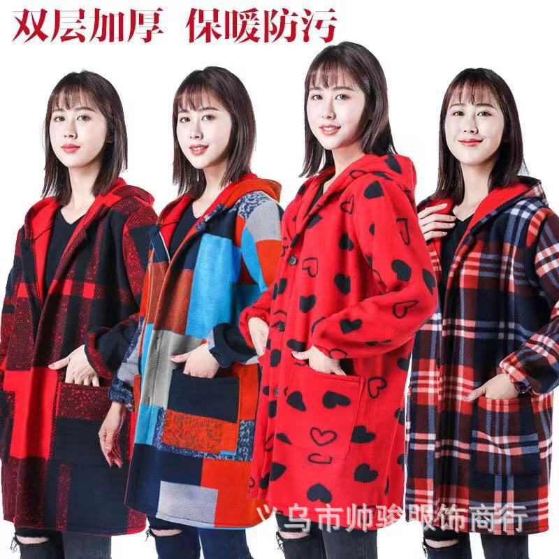 法兰绒复合罩衣 女士中长款有袖围裙保暖防尘防污剪毛绒工作服