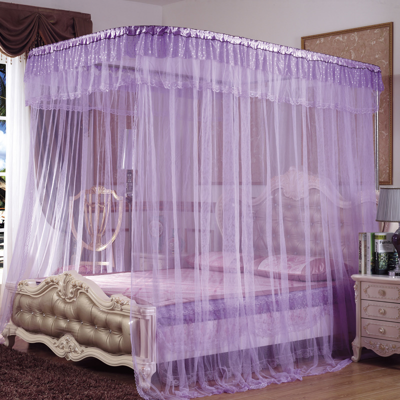 豪华导轨拉幕式蚊帐不锈钢宫廷三开门公主落地加密不锈钢支架蚊帐