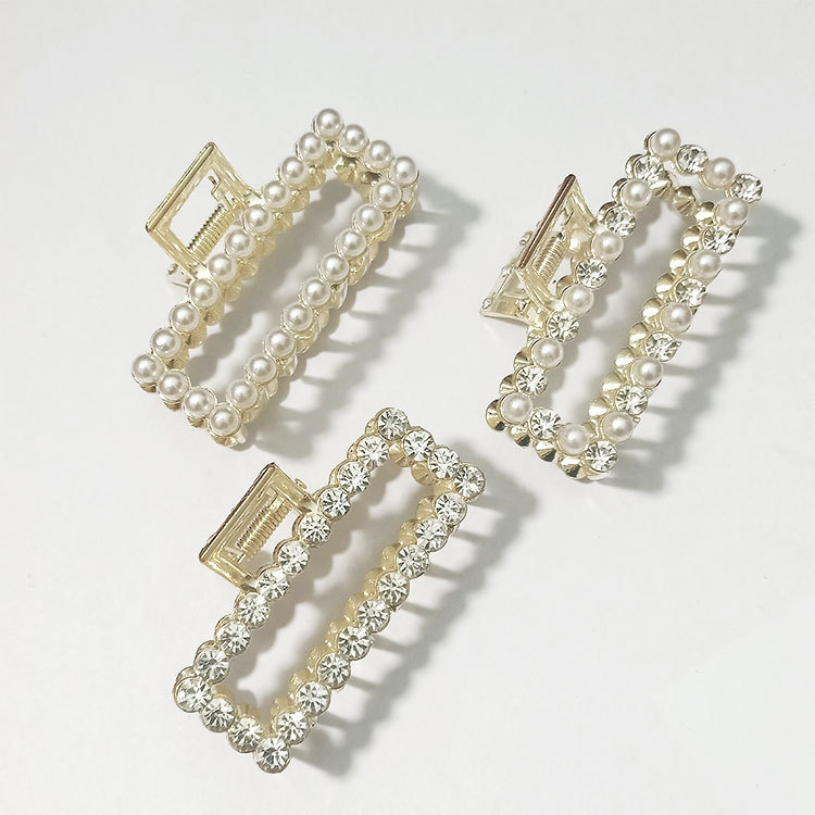欧美时尚水钻珍珠复古几何长方形合金发夹抓夹马尾夹顶夹