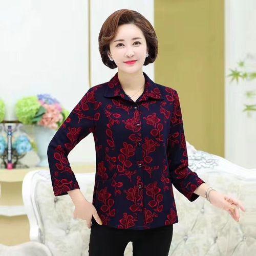 Mom‘s Lapel Cardigan Long Sleeve Autumn and Winter Middle-Aged and Elderly Women‘s Clothing Stall Middle-Aged and Elderly Women‘s Bottoming Shirt Wholesale