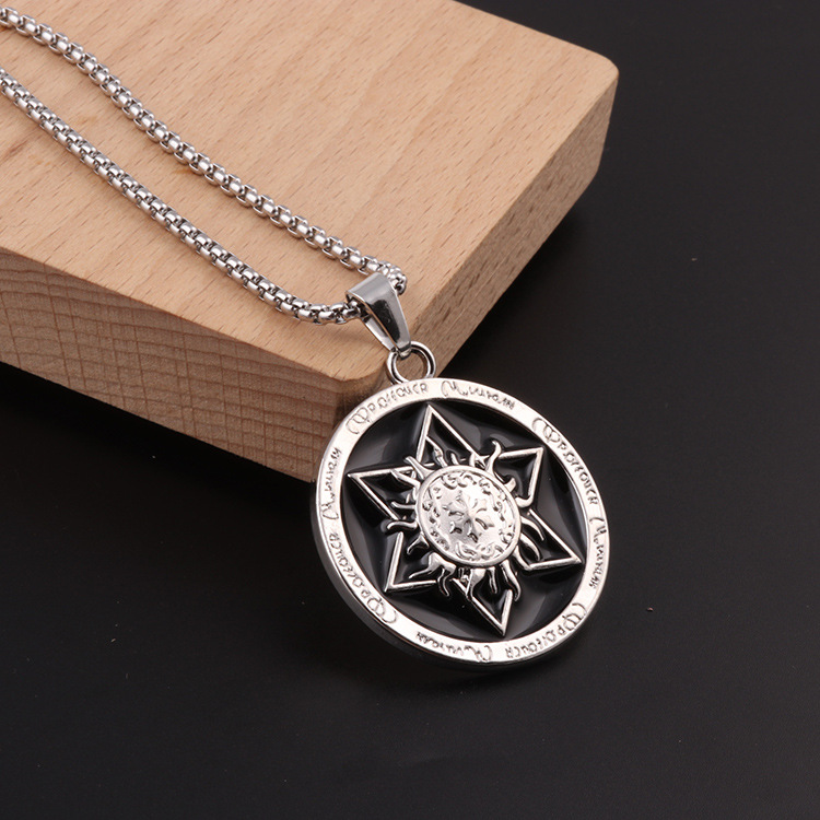 合金项链男圆形六芒星吊坠个性潮人嘻哈饰品长毛衣链