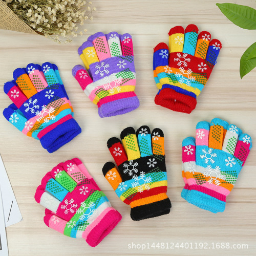 Winter Cute Children‘s Colorful Gloves Double-Layer Snowflake Thickened Warm Gloves Magic Knitted Gloves Wholesale