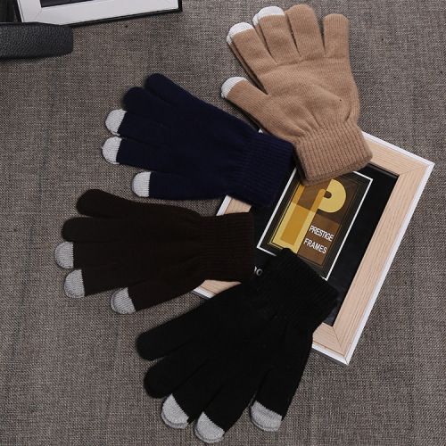 korean fashion colorblock knitted thickened warm full finger gloves touch screen gloves men and women cycling gloves factory wholesale