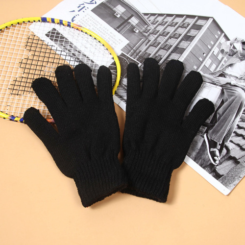 Winter New Pure Black Warm-Keeping and Cold-Proof Knitted Gloves Student plus-Sized Thickened Finger Gloves in Stock Wholesale