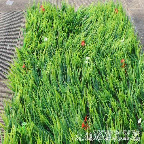 Simulation Plant Wall Lawn with Flowers Large Rice Seedling Green Plant Plastic Grass Indoor and Outdoor Decoration Fake Turf Wholesale
