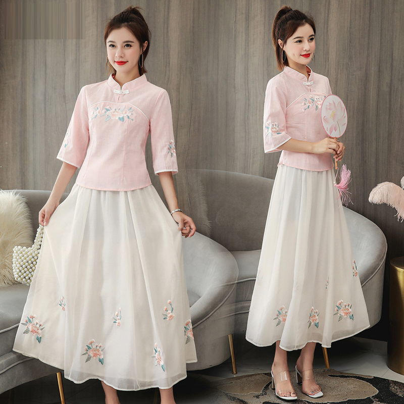 女装中国风两件套装裙子2019新款长袖复古风女改良旗袍汉服连衣裙