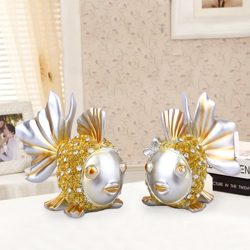 欧式银色玫瑰镶钻金鱼树脂摆件 客厅卧室树脂工艺品摆设 批发