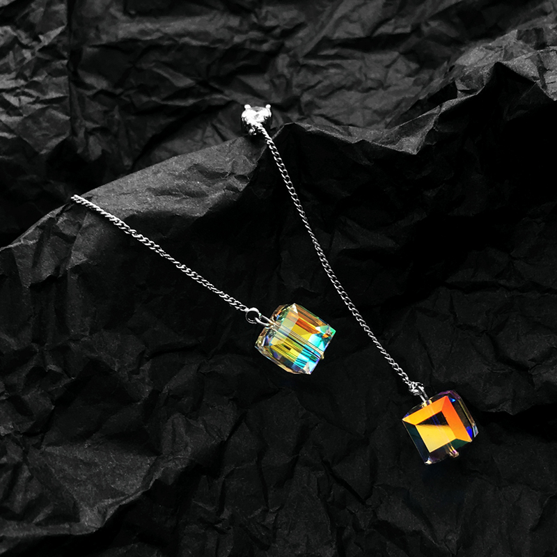 925银针魔方水晶耳饰品耳环方糖耳坠方块耳钉曼休妮长款流苏耳线