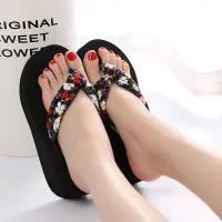 new eva high heel thick bottom printed cloth belt women‘s beach flip-flops in stock support customized