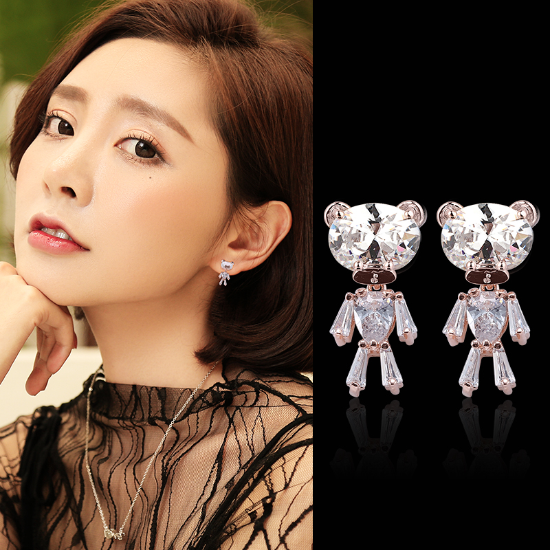 卡通简约S925纯银耳钉韩国气质个性可爱水晶小熊耳环女耳饰品耳坠